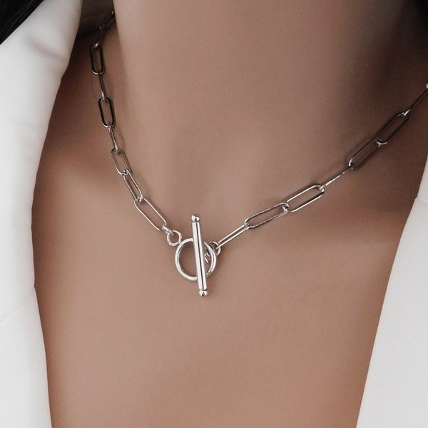 Chunky Paperclip Chain Choker, Silver Toggle Clasp Necklace, Everyday Necklaces for Women, Minimalist Layering Necklace