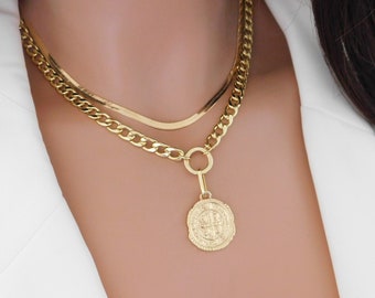 Chunky Gold Necklace, Rustic Cross Necklace, Gold Filled Vintage Medallion, Coin Cross Necklace, Layering Necklace, Gifts for Women