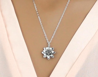 Lotus Necklace, Silver Flower Necklace Sterling Silver Chain