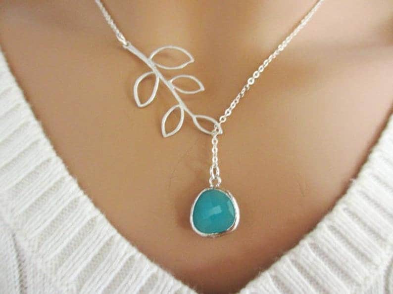 Wife Jewelry Gift Aqua Blue Bridesmaid Necklace Branch Lariat Silver Branch with Glass Gemstone Silver Lariat Adjustable Lariat Necklace