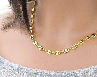 Thick Mariner Link Necklace, 18k Gold Filled Mariner Necklace, Puff Link Necklace, Anchor Link Chain Necklace, Gold Choker Necklace,