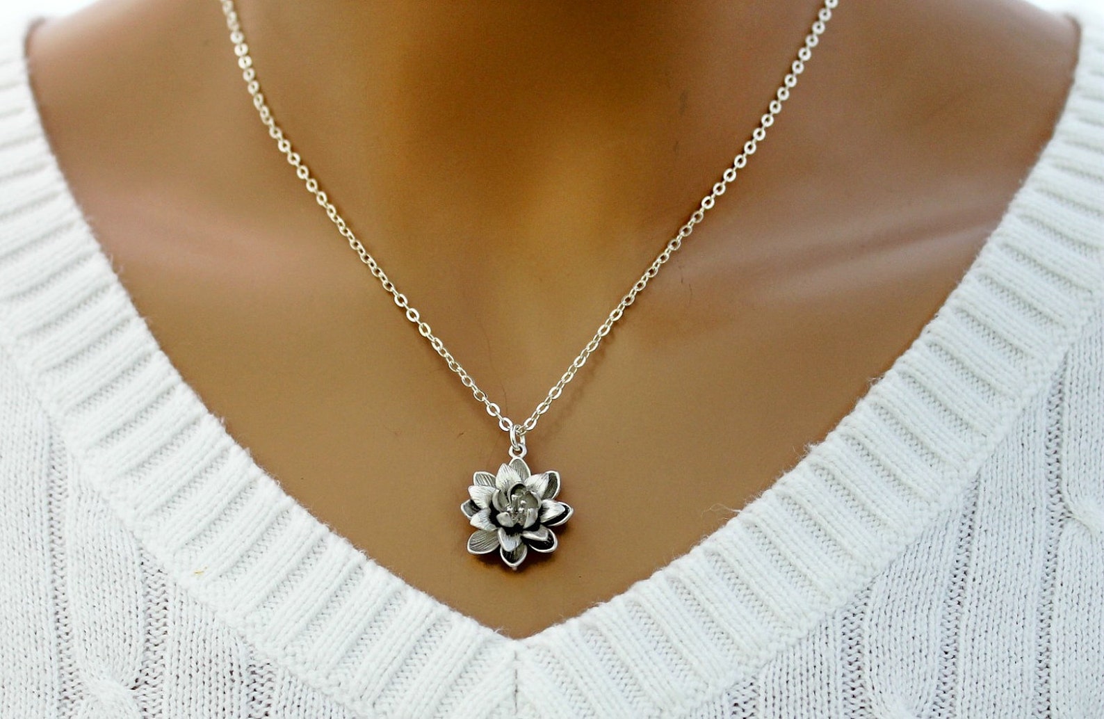 Lotus Necklace Silver Flower Necklace Sterling Silver Chain Etsy