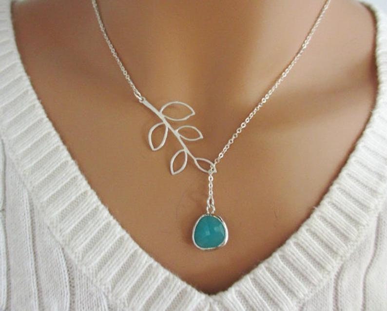 Wife Jewelry Gift Aqua Blue Bridesmaid Necklace Branch Lariat Silver Branch with Glass Gemstone Silver Lariat Adjustable Lariat Necklace
