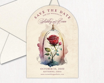 La Belle et la bête réservent leur date // Faire-part de mariage de conte de fées // Carte rose enchantée