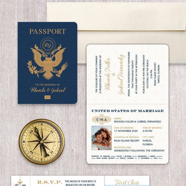 United States Passport Wedding Invitation and Boarding Pass RSVP Card for - Perfect for Destination Weddings