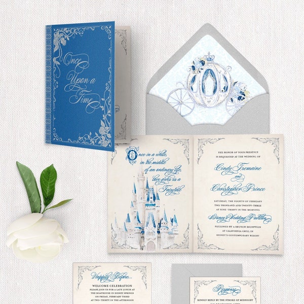 Once Upon a Time Cinderella Wedding Invitation. Foil Stamped Cover. The Perfect Invitation For a Fairytale Wedding.