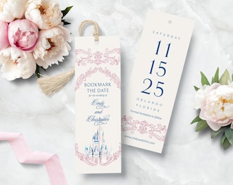 Marque-page Château de conte de fées Réservez vos dates : faveur de mariage livresque