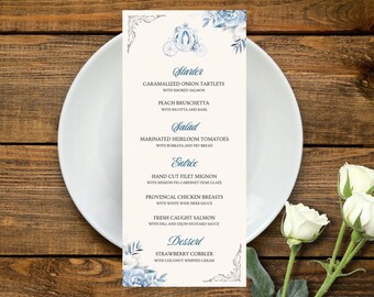 Menú de boda de Cenicienta / Tarjeta de cena Flores Azules