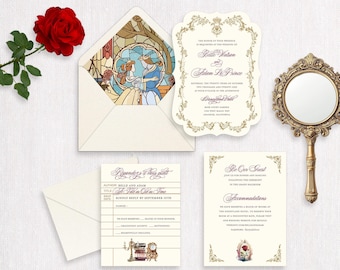 Faire-part de mariage rose enchantée : conte de fées de la Belle et la Bête