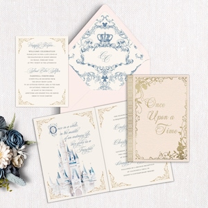 Invitación de boda de cuento de hadas con estampado metalizado / Diseño de libro de castillo / Rosa rubor y dorado
