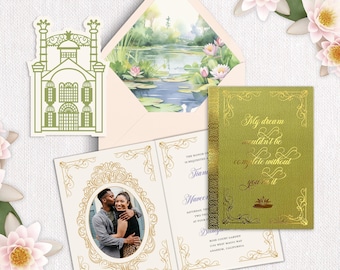 Puede incluir: Un juego de invitaciones de boda que incluye una tarjeta dorada texturizada con el texto My dream wouldn't be complete without you on it, una tarjeta plegada con la foto de una pareja en un marco dorado y un sobre con un diseño de estanque.