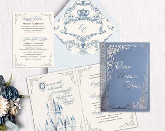 Invitación de boda de cuento de hadas impresa en lámina azul y plateada: diseño de libro de castillo
