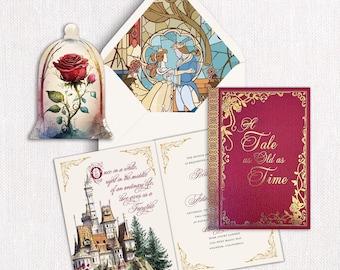 Tarjeta de cuento de hadas impresa en lámina metalizada / Invitación de boda de La Bella y la Bestia, invitación con forma de libro de la Rosa Encantada