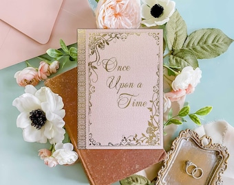 Faire-part de mariage de conte de fées : conception de livre de bibliothèque imprimée sur papier d'aluminium