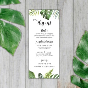 Tropical Leaves Dinner Menu // Wedding Menu // Reception Menu