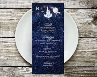 Menú de boda de cuento de hadas con temática espacial / Cielo nocturno con fuegos artificiales / Tarjeta de cena