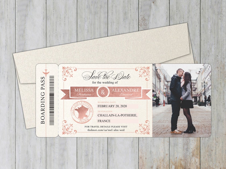 France Boarding Pass Save the Date with Optional Magnetic Backing Photo Save the Date Rose Gold Details
