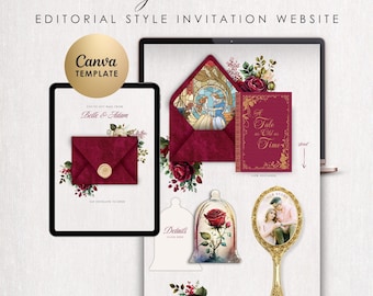 Plantilla de sitio web de bodas con confirmación de asistencia / Diseño de La Bella y la Bestia / Invitación digital de estilo editorial