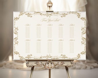 Letrero de plano de asientos / Tema de la época de la Regencia / Letrero floral dorado ornamentado / Asignación de asientos barroca