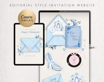 Plantilla de sitio web de bodas con confirmación de asistencia / Diseño Cenicienta / Invitación digital de estilo editorial