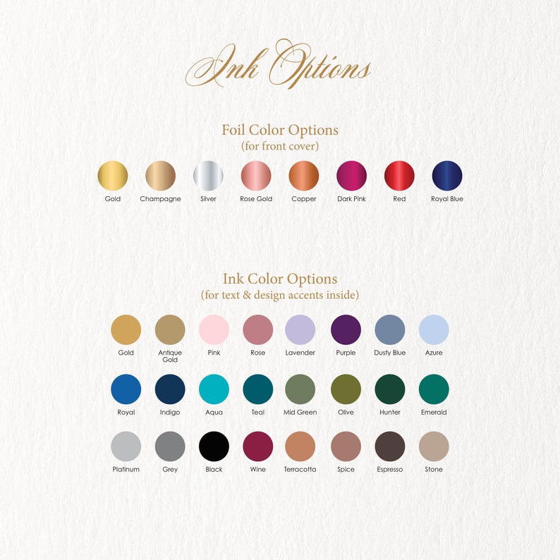a collection of color swatches for both foil and ink options, providing a variety of choices for text and design accents.