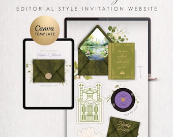 Plantilla de sitio web de bodas con confirmación de asistencia / Diseño de la princesa y la rana / Invitación digital de estilo editorial