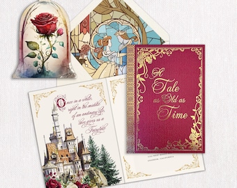 Faire-part de mariage La Belle et la Bête : faire-part de livre de bibliothèque de roses enchantées
