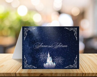 Tarjeta de agradecimiento "Castillo de cuento de hadas de noche": Tarjetas de felicitación para bodas, papelería personalizada.