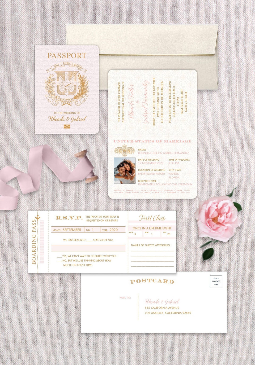 Passport Wedding Invitation and Boarding Pass RSVP Card for Dominican