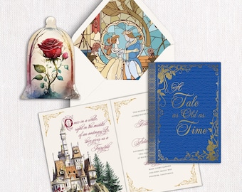 Beauty and the Beast Wedding Invitation: Blue & Gold Foil Book Design