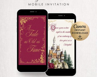 Faire-part de mariage animé La Belle et la Bête | Toile d'invitation de conte de fées | MP4 ou GIF numérique modifiable