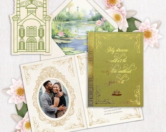 Faire-part de mariage princesse et grenouille : motif imprimé film de conte de fées