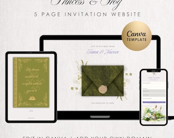 Plantilla de sitio web para bodas con confirmación de asistencia / Diseño de princesa y rana / Invitación digital de cuento de hadas