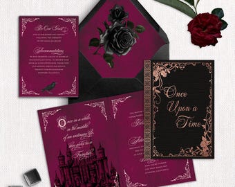 May include: A wedding invitation suite featuring deep burgundy and black stationery with rose gold text. Includes a black envelope with a rose illustration, a card with a castle graphic, and a book-style cover reading Once Upon a Time.
