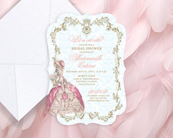 Invitación para despedida de soltera con temática de María Antonieta, brunch, estilo barroco rosa, invitación, champán, celebración, tarjeta, estilo vintage francés real