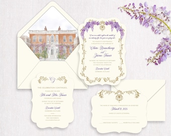 Faire-part époque Régence : enveloppe aquarelle château de Clyvedon, personnalisable