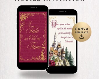 Invitación animada de boda de La Bella y la Bestia Plantilla de cuento de hadas Canva Video Invitación digital Rosa encantada Anuncio de boda Tarjeta de compromiso