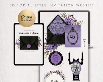 Plantilla de sitio web para bodas con confirmación de asistencia / Diseño de mansión embrujada / Invitación digital de estilo editorial