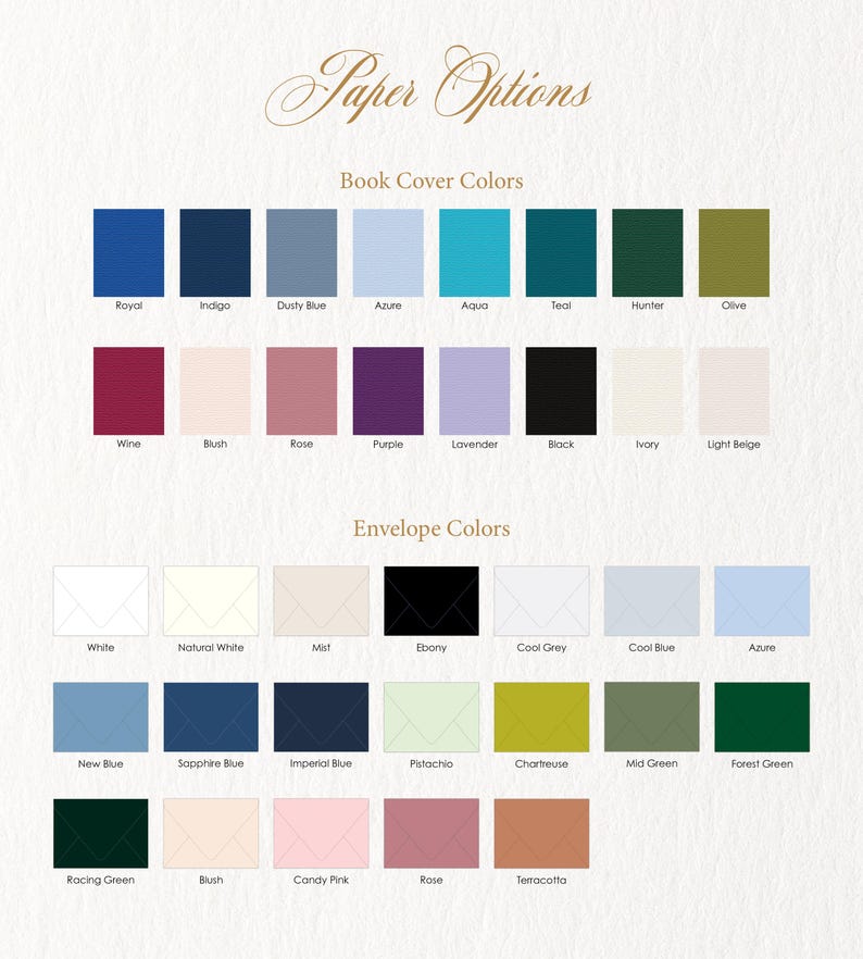 a collection of various book cover and envelope colors, including shades of blue, green, purple, and pink, as well as more neutral tones like white and black.