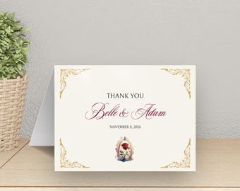 Tarjeta de agradecimiento de La Bella y la Bestia: Tarjetas de felicitación para bodas, papelería personalizada