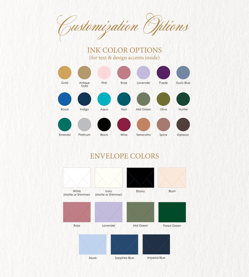 a collection of various envelope colors, each with a different design accent, available for customization.