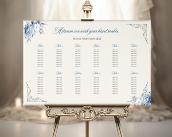 Letrero de plano de asientos / Tema de Cenicienta / Letrero floral azul y blanco / Póster de asientos de cuento de hadas y fantasía