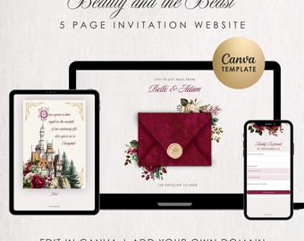 Plantilla de sitio web para bodas con confirmación de asistencia / Diseño de La Bella y la Bestia / Invitación digital de cuento de hadas
