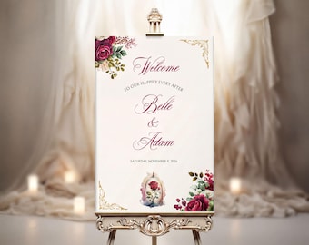 Letrero de bienvenida de La Bella y la Bestia / Decoración de boda con rosa encantada (espuma o acrílico)