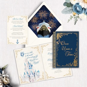 Invitación de boda con temática de crucero mágico: Castillo de cuento de hadas, diseño náutico.