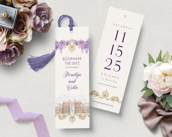 Marque-page de l'époque Régence, réservez vos dates//marque-page glycine//marque-page histoire de conte de fées//carte de mariage livresque//marque-page avec pompon