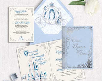 Invitación de boda de Cenicienta / Invitación con forma de carruaje / Azul claro y plata