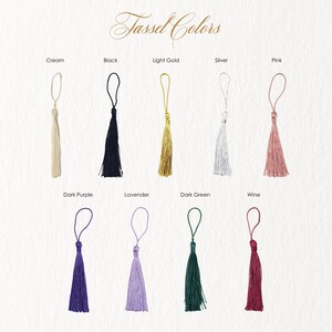 a collection of tassel colors, each with a corresponding description, arranged in a grid format.