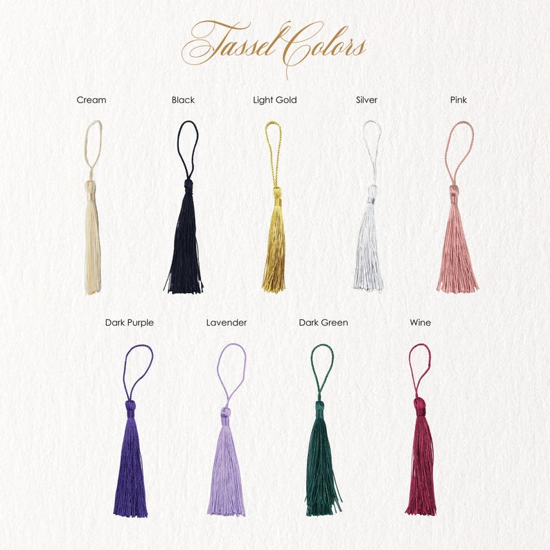a collection of tassel colors, each with a corresponding description, arranged in a grid format.
