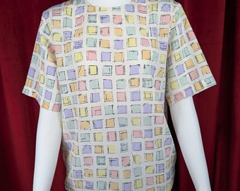 Vintage 90's Yves St. Clair Petites White, Purple, Green, Orange, Yellow, & Black Sketchy Square Pattern Short Sleeve Blouse